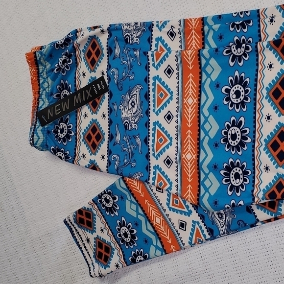 New Mix Graphic Colorful Elastic Pullon Thick Winter Orange & Teal Sz PLUS Pants - Picture 4 of 10
